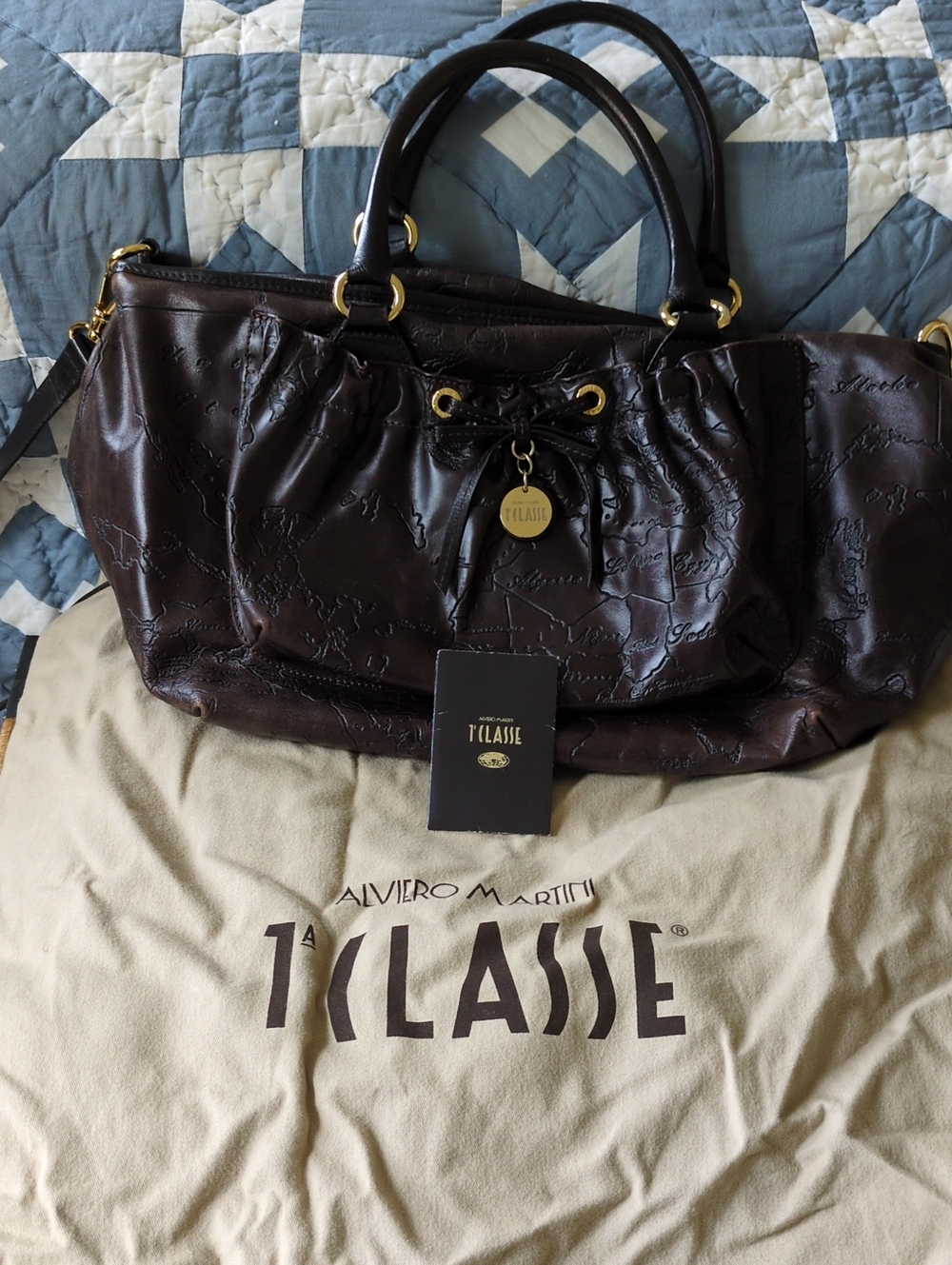 Very Rare - Alviero Martini Dark  Brown Leather Tote with Gold Accents